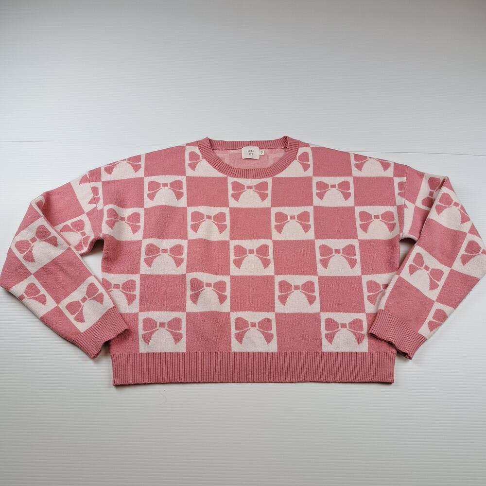 Luna Ivy Sweater Womens Large Pink Bow Check Knit Crewneck Pullover Top
